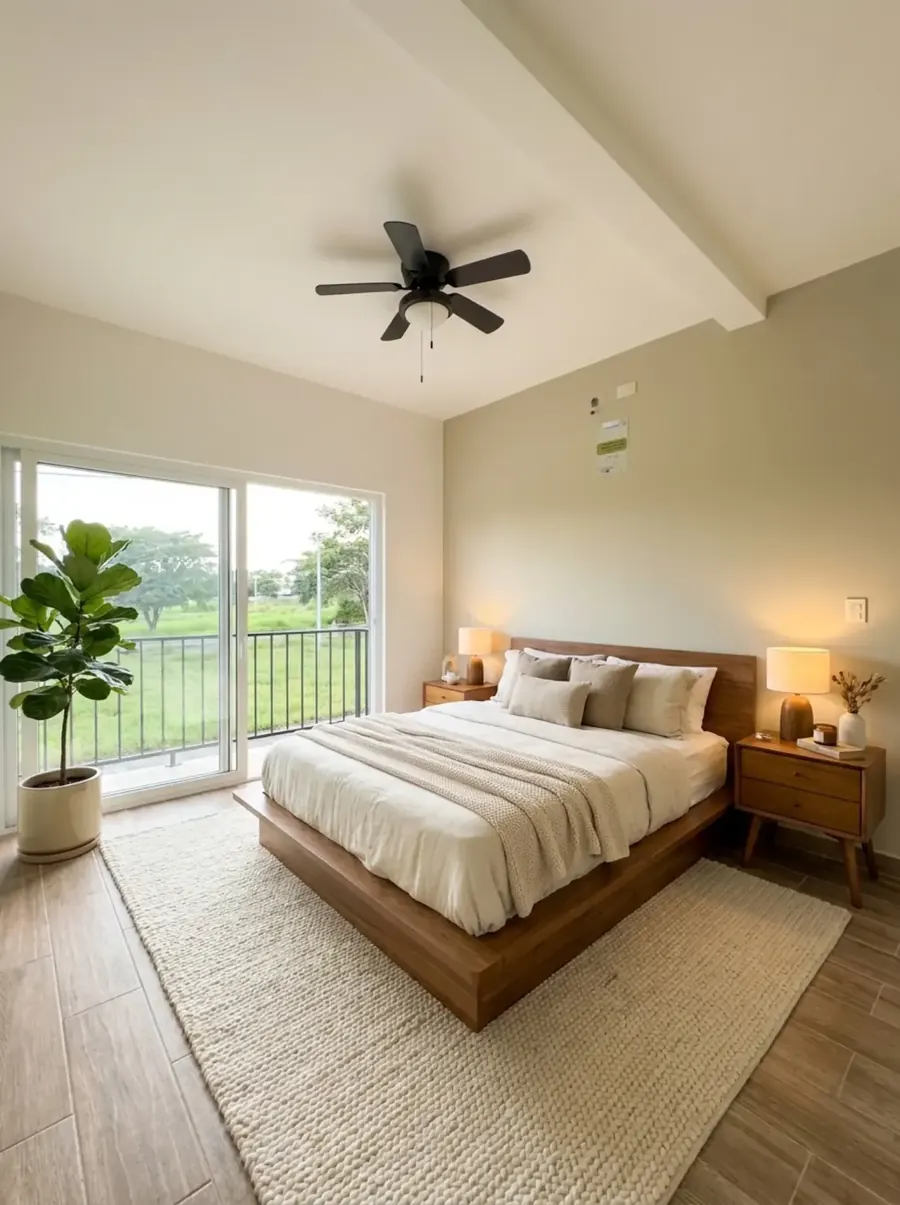 Habitación principal con ventana corrediza y vista al campo, ambientación virtual